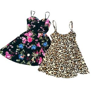 2‎ Dress Bundle XS Floral Sweetheart Skater & Leopard Print Cami Mini Dresses